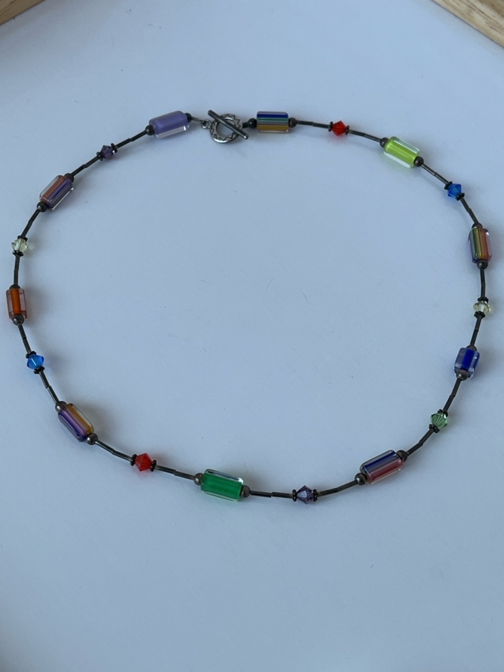 Vintage Shube Sterling Silver Multicolor Glass Bead Necklace 90s Art Jewelry - Picture 4 of 10